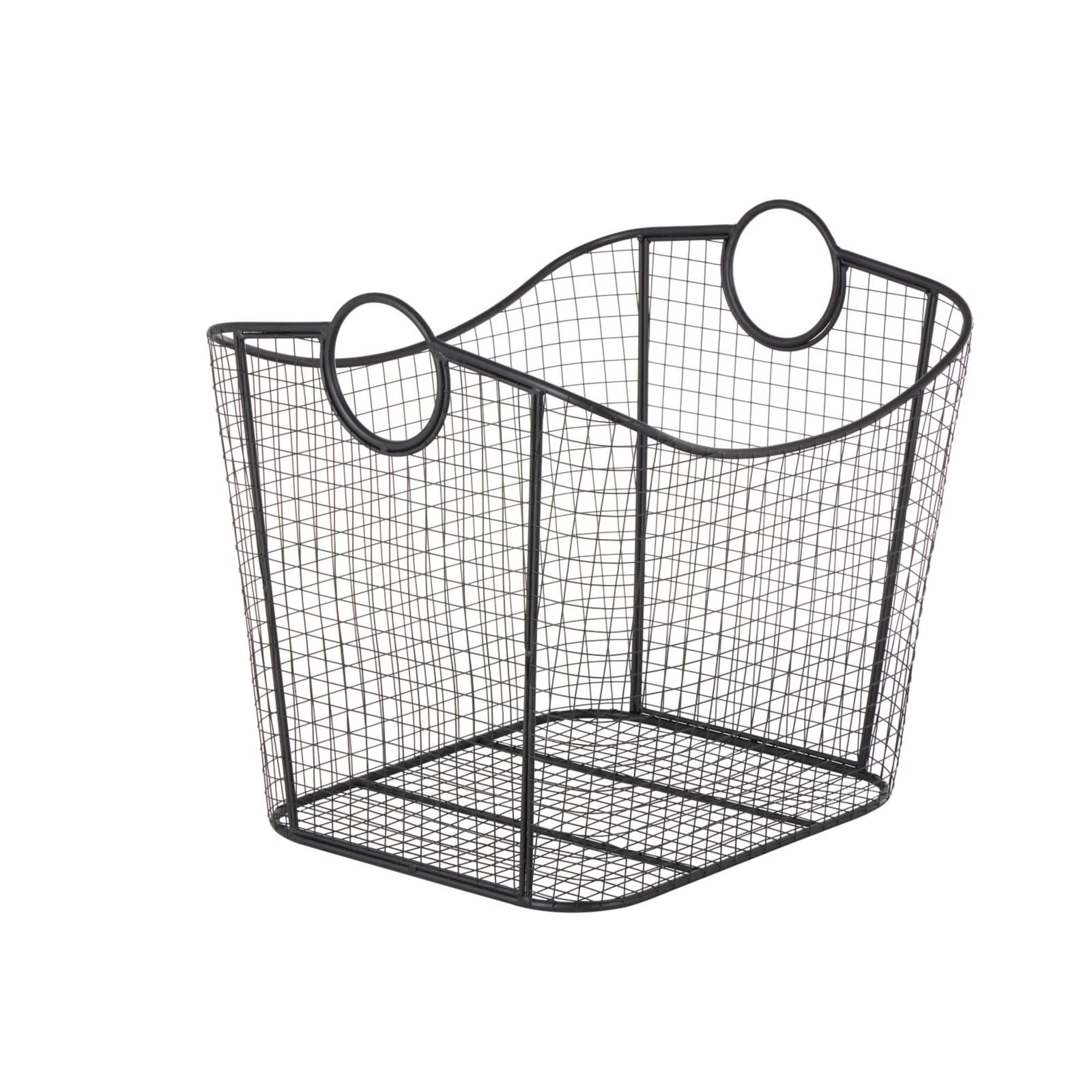 20" Black Metal Storage Basket with Curved Sides & Ring Handles